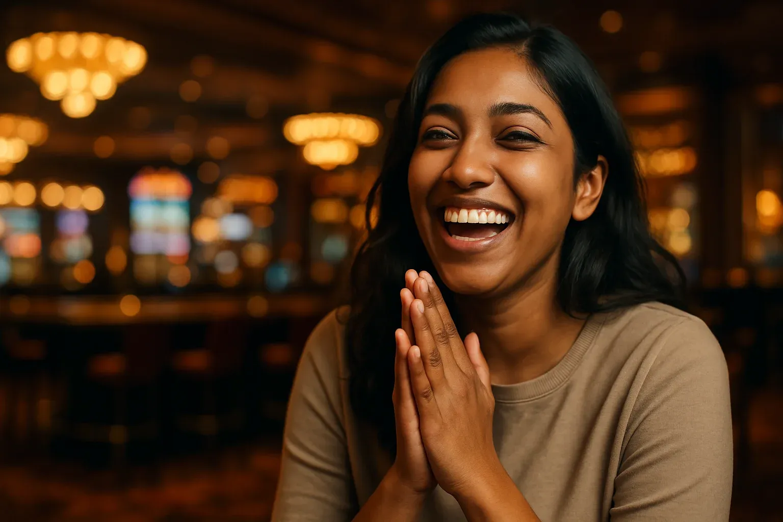 Cheerful Bangladeshi woman laughing with hands together at blurred casino bar