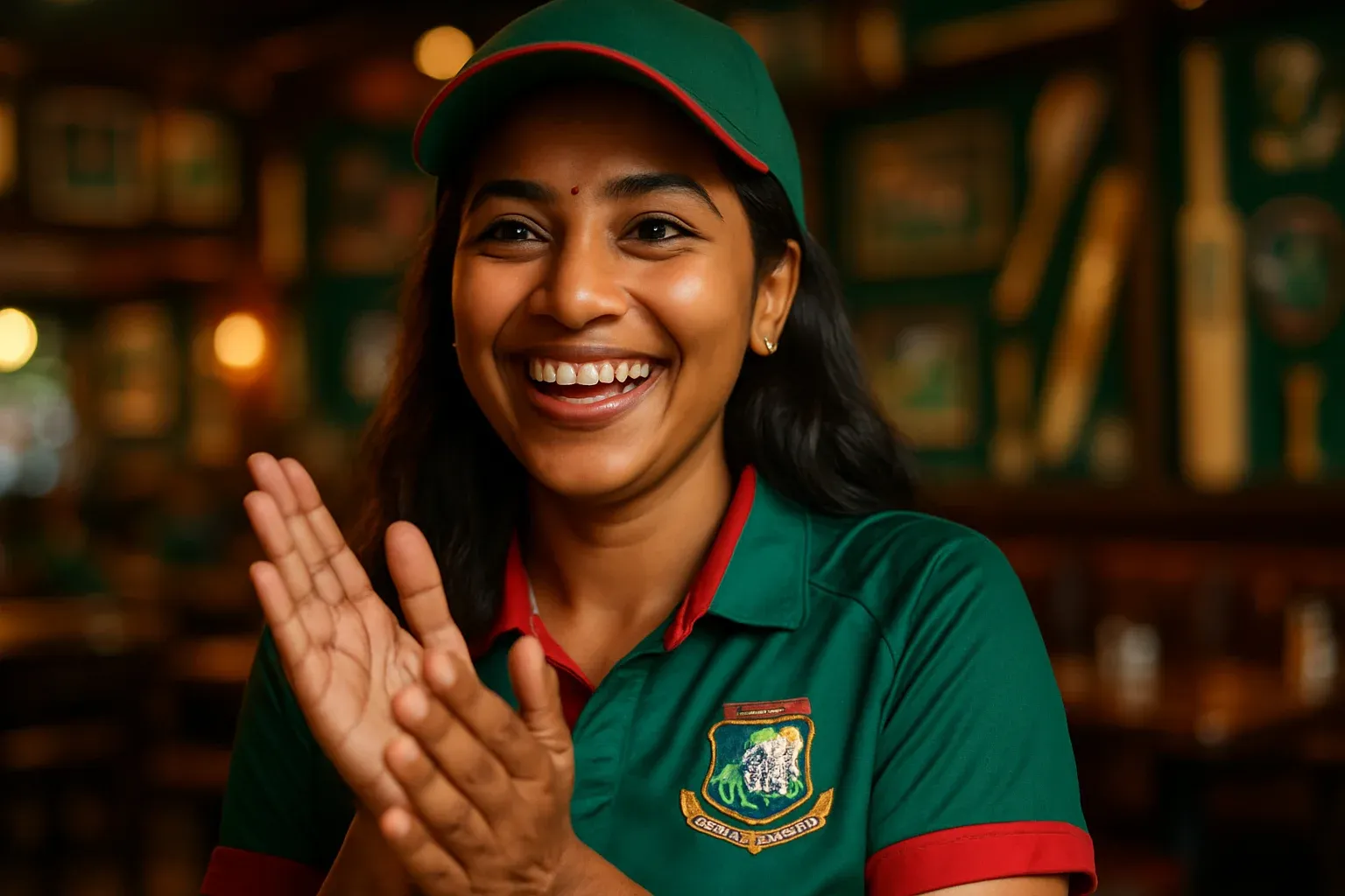 Happy Bangladeshi woman in cricket fan attire clapping in sports bar
