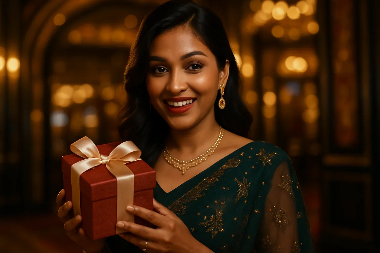 Sophisticated Bangladeshi woman in evening wear holding gift box at casino entrance
