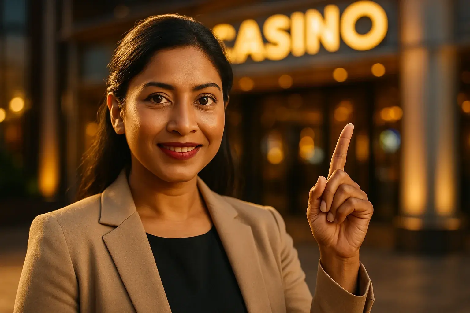 Sophisticated Bangladeshi woman pointing upward, smiling, with blurred casino entrance background