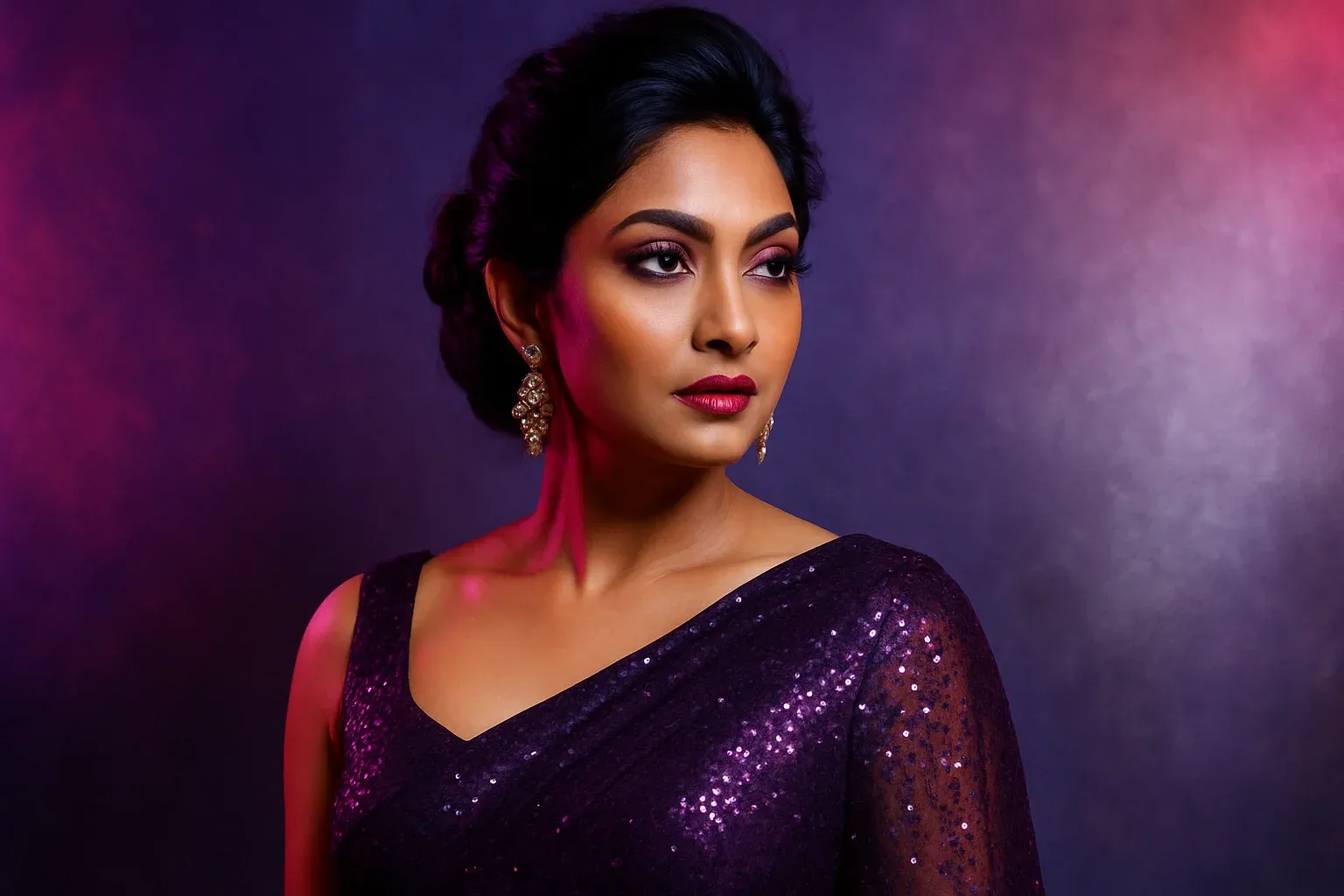 High-resolution portrait of sophisticated Bangladeshi woman in evening dress on purple and silver gradient background