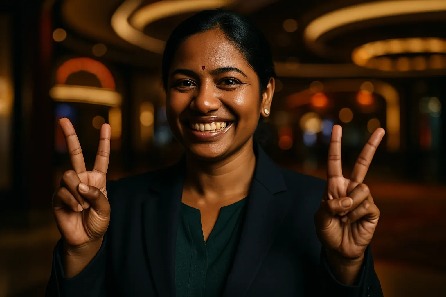 Happy Bangladeshi businesswoman making V-signs at blurred casino entrance