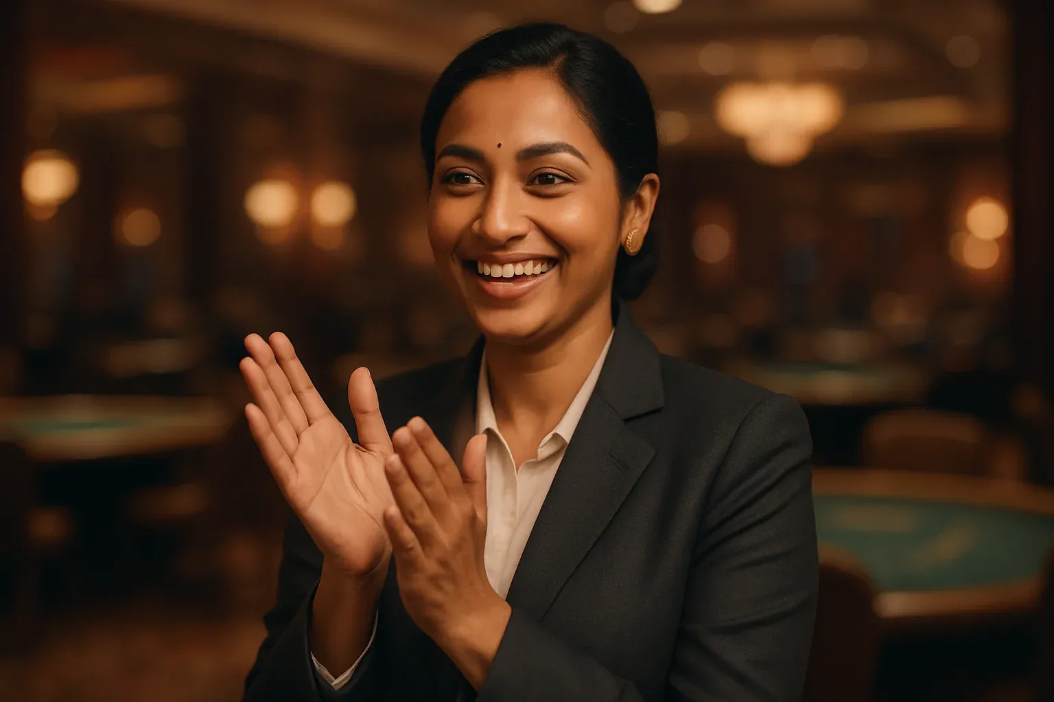 Sophisticated Bangladeshi woman in business attire clapping in blurred casino lounge